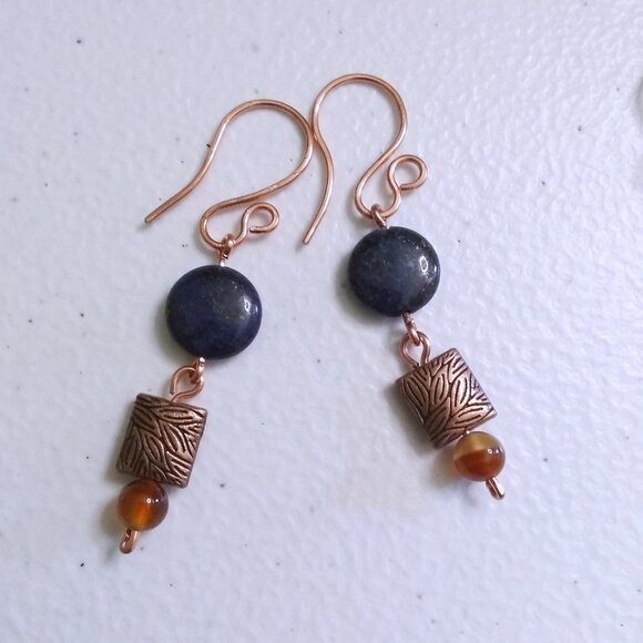 Autumn Alchemy: Copper & Lapis Coin Earrings with Russet Agate Warmth ~ Handmade - Picture 3 of 11